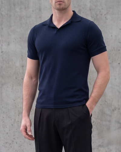 Structured Knit Polo Shirt — Navy